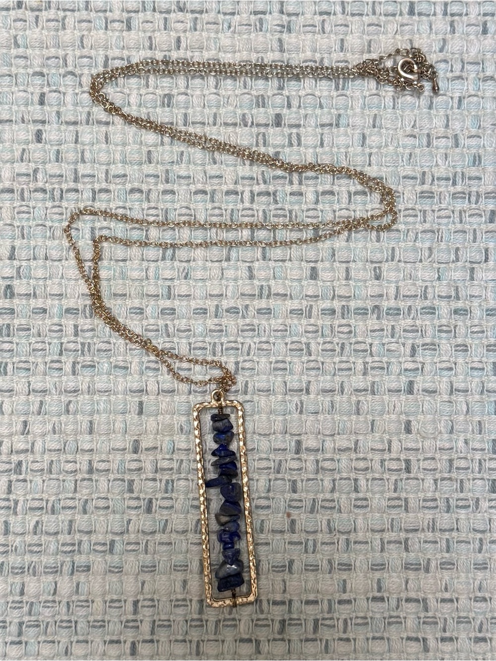 Gold Bar Pendant Necklace with Blue Stone Chip Inlay
